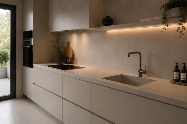 Cocina con frente y encimera de microcemento
