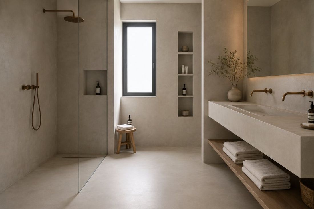 Baño revestido con microcemento continuo en Tarragona